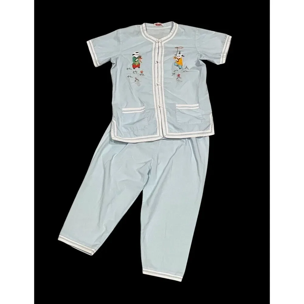 Vintage Plum Blossom 1960's Boys Oriental Pajama's Outfit Size 14 Blue